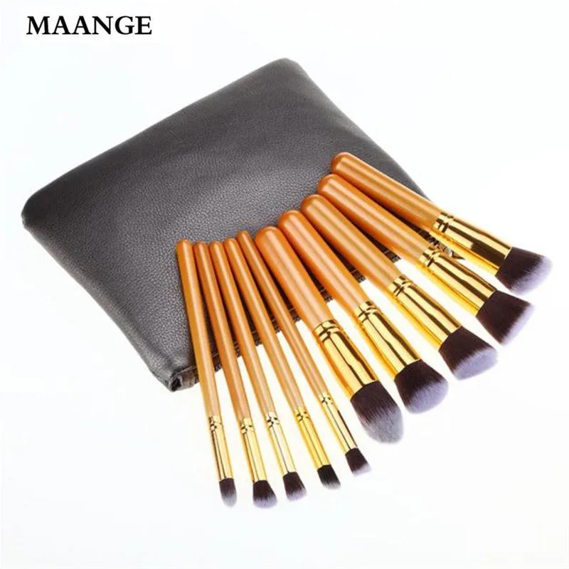 10Pcs Maange Pro makeup brushes bag Foundation Powder Eyeshadow Wood toothbrush makeup brush cosmetics tools kit