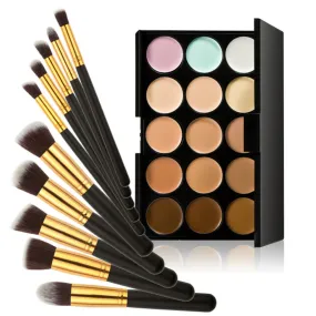 15 Colors Contour Cream Makeup Concealer Palette 10pcs Black Golden Brush Black Women Makeup Kit