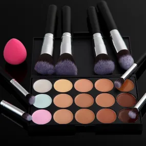 15 Colors Makeup Concealer Palette + 8PC Makeup Brushes Powder Brush Sponge Foundation