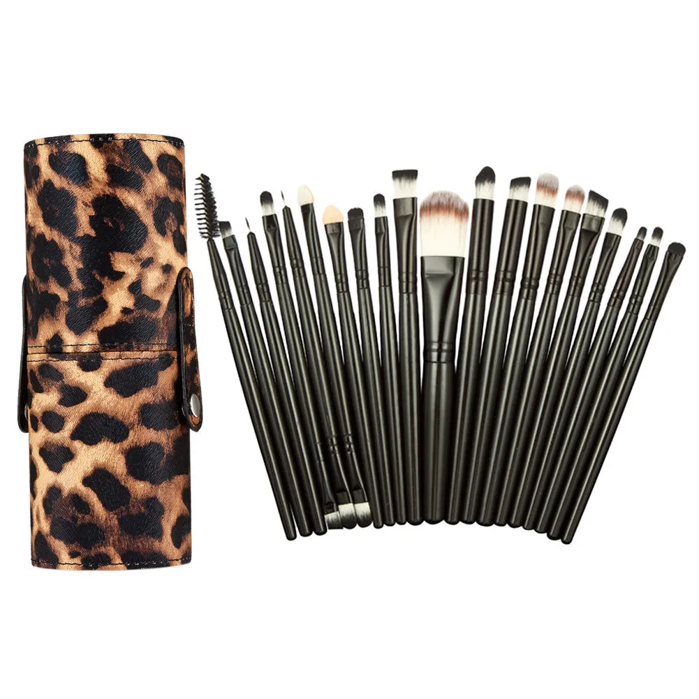 20Pcs Black Makeup Brushes Eyeshadow Powder Make Up Brush pincel maquiagem Black Leopard PU Leather Holder Box