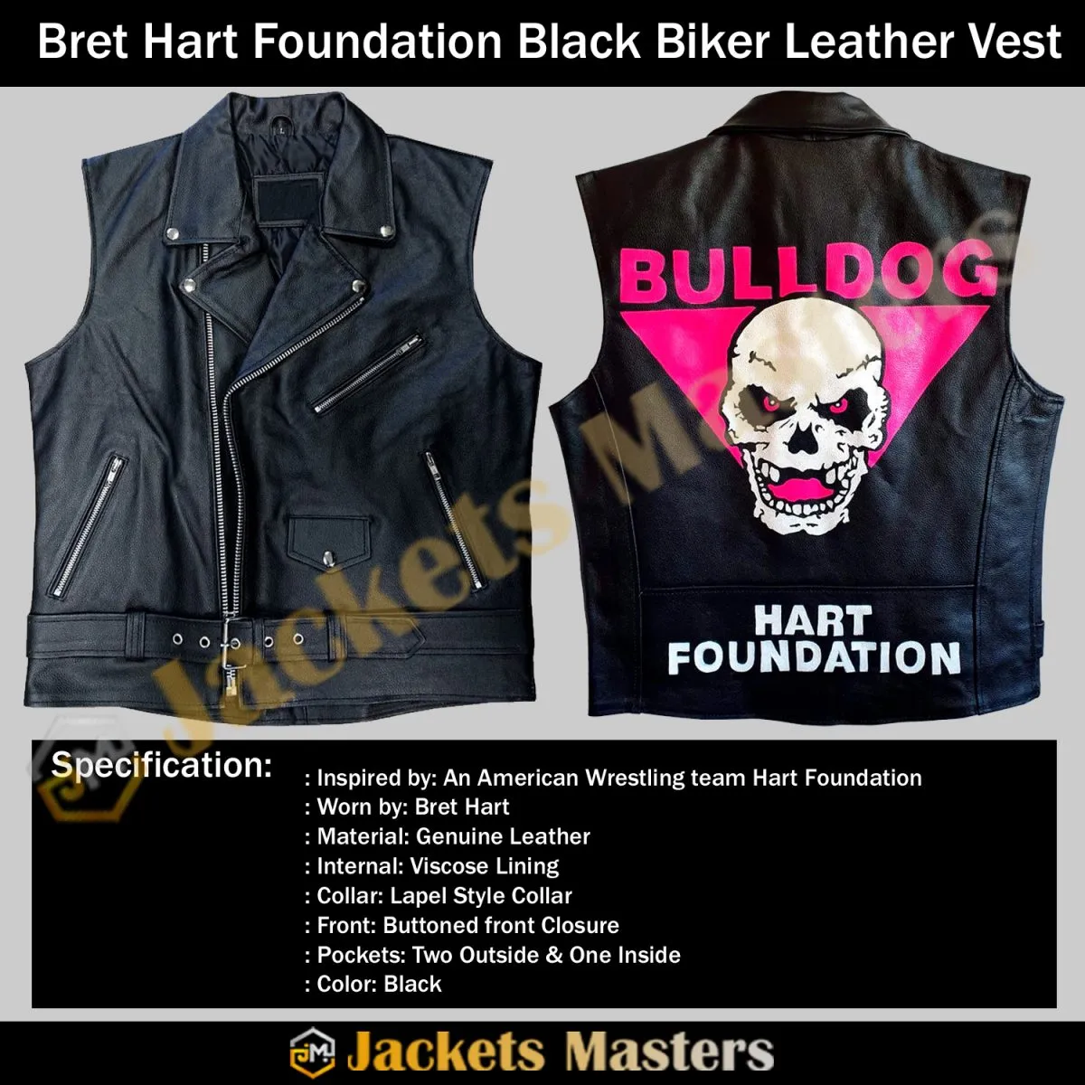 Bret Hart Foundation Black Biker Leather Vest