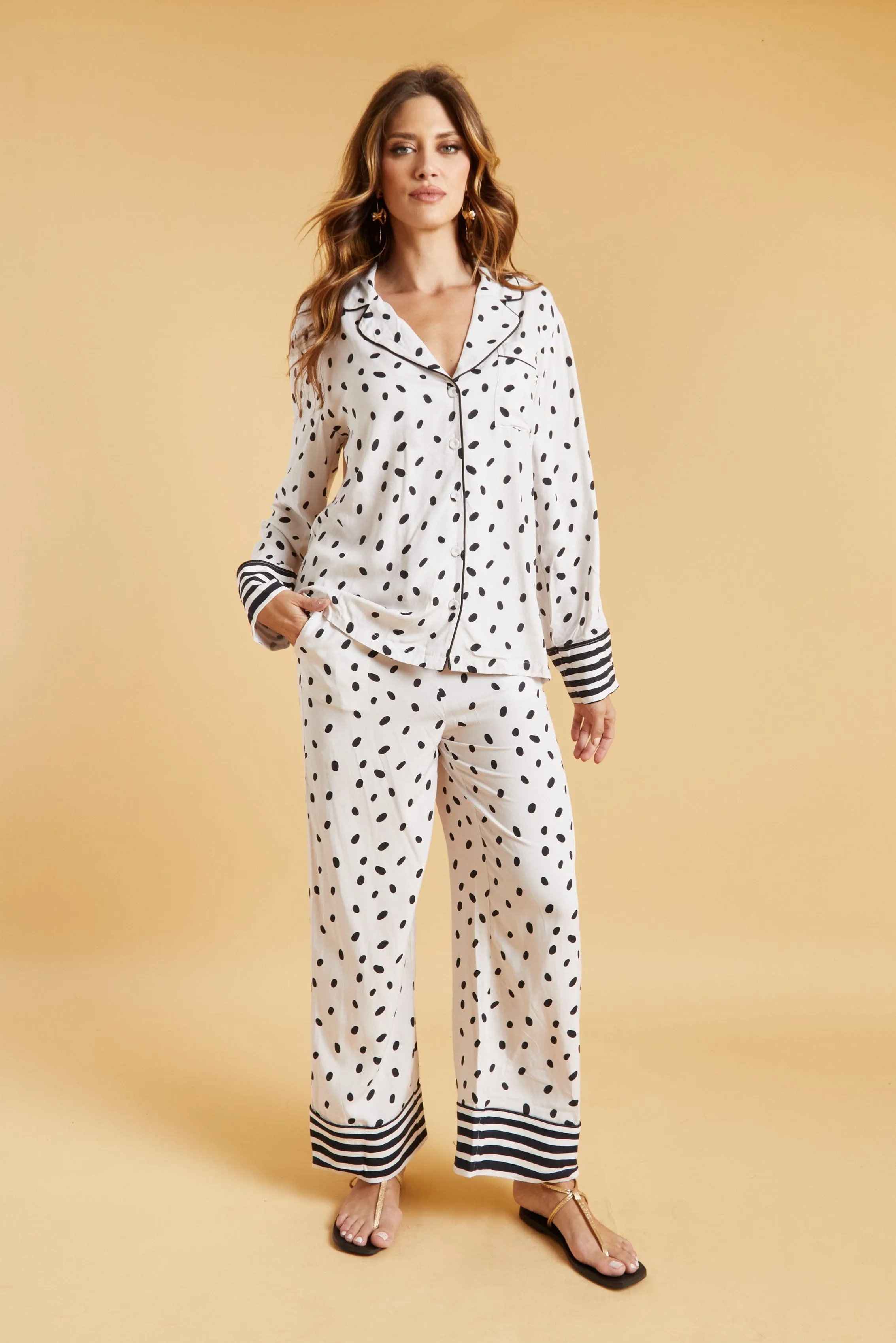 The Night Store Spot & Stripe Pyjamas Cream Black