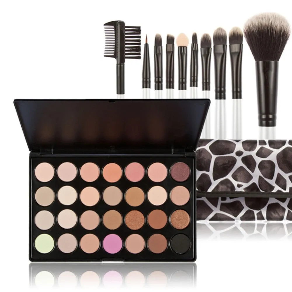 Women Cosmestic Eye Shadow Palette Kit 28 Colors Eye Shadow Palette Makeup 10Pcs Eyeshadow Brush Bag