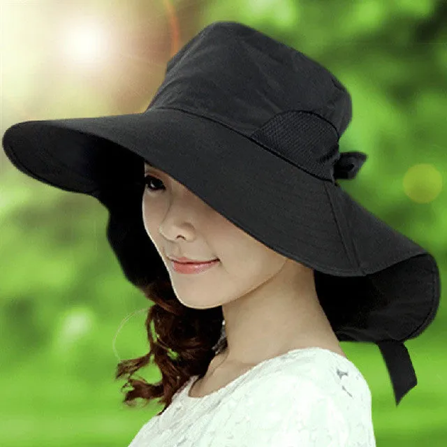 Women Wide Brim Bow Hat Foldable Sun Floppy Self-tie Summer Beach Cap Summer Sunscreen Women Hat#152 SM6