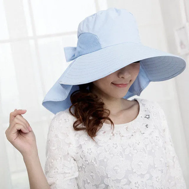 Women Wide Brim Bow Hat Foldable Sun Floppy Self-tie Summer Beach Cap Summer Sunscreen Women Hat#152 SM6