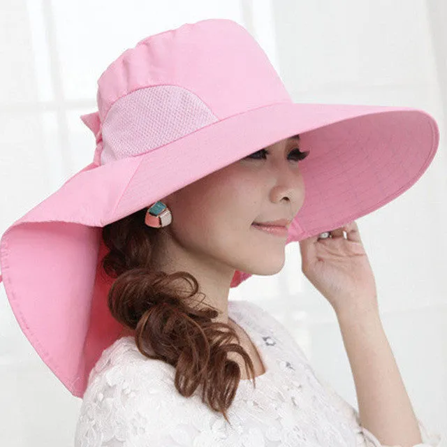 Women Wide Brim Bow Hat Foldable Sun Floppy Self-tie Summer Beach Cap Summer Sunscreen Women Hat#152 SM6