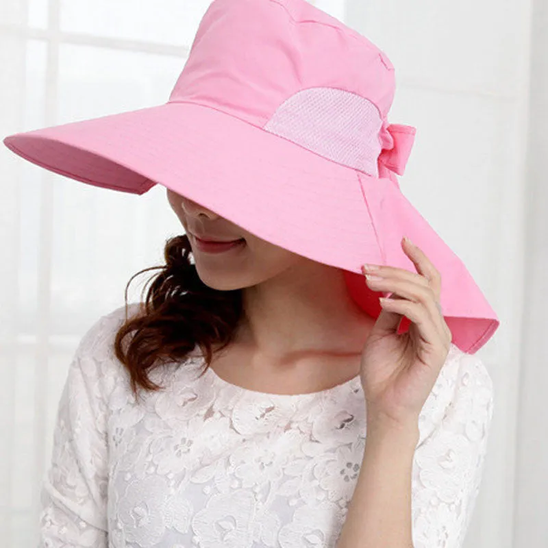 Women Wide Brim Bow Hat Foldable Sun Floppy Self-tie Summer Beach Cap Summer Sunscreen Women Hat#152 SM6