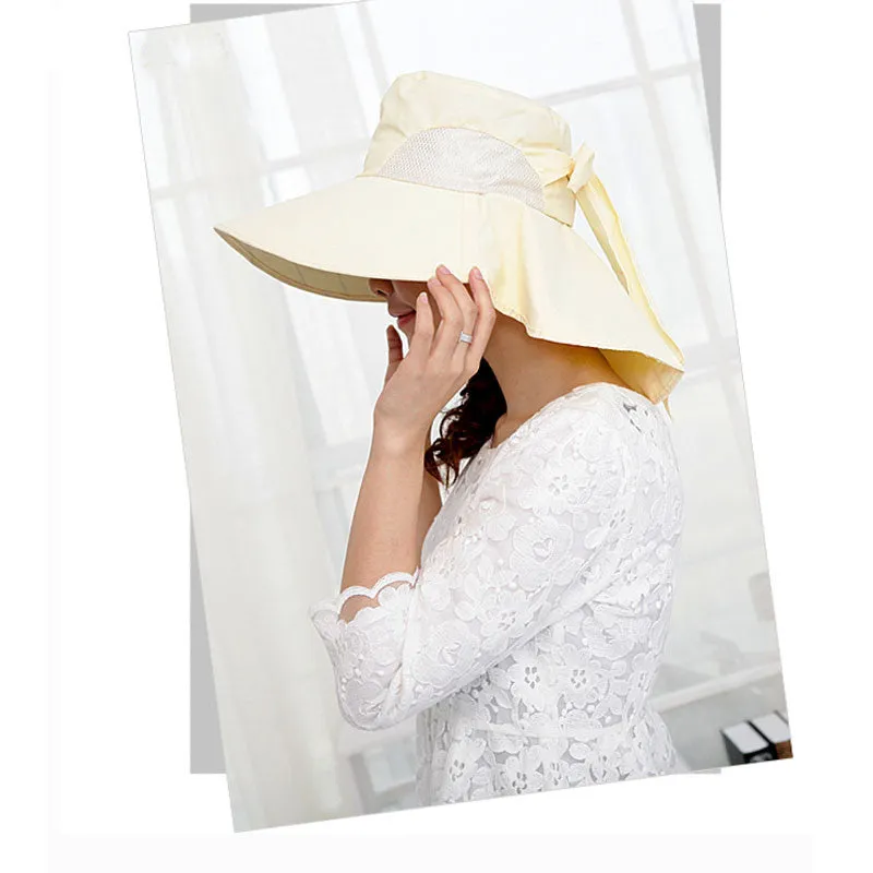 Women Wide Brim Bow Hat Foldable Sun Floppy Self-tie Summer Beach Cap Summer Sunscreen Women Hat#152 SM6