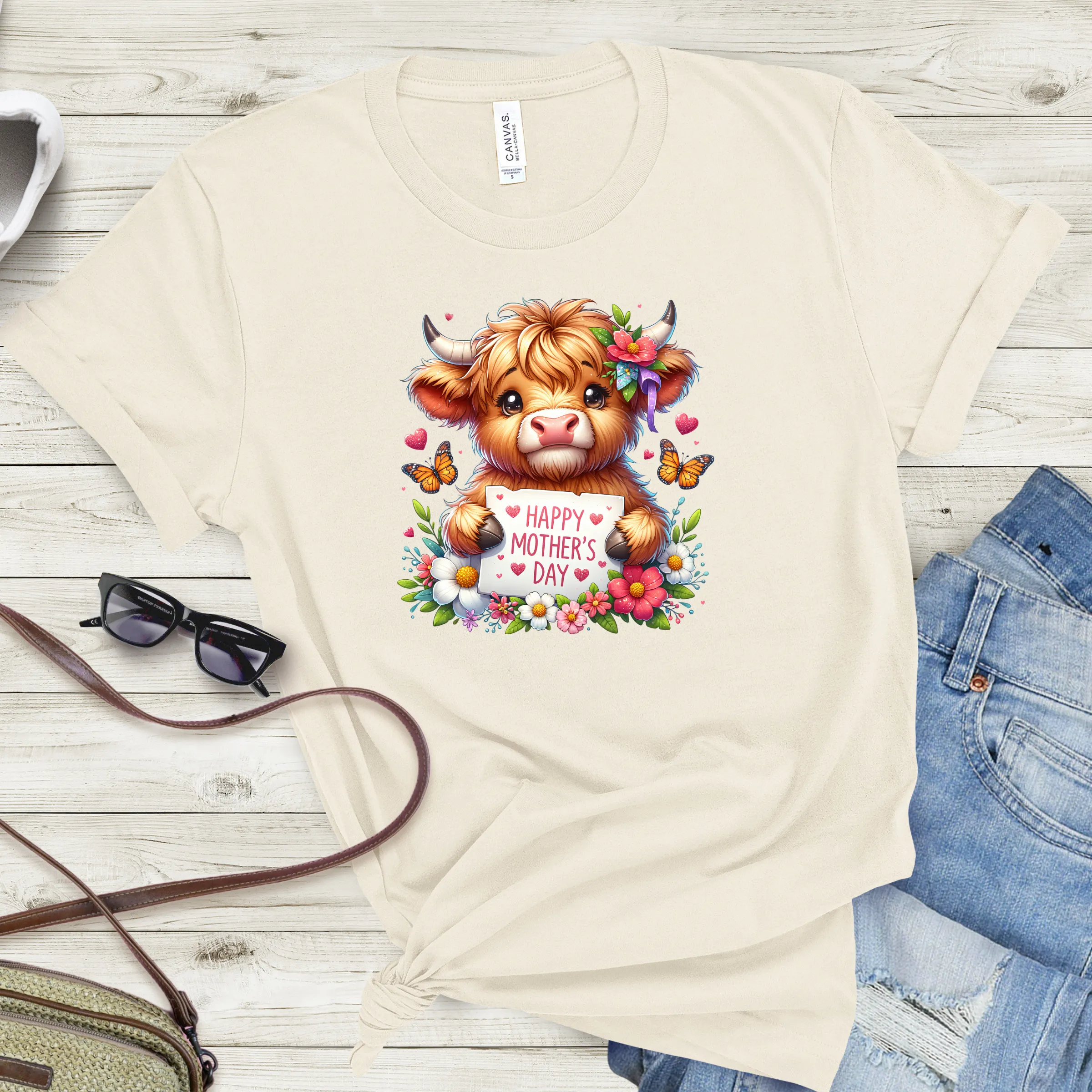 Women's Highland Cow Floral Mother's Day T-Shirt - Cream Color